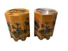 A pair of Chinese octagonal lacquer lamp tables, width 33cm, depth 33cm, height 34cm