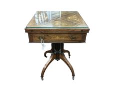 An Edwardian inlaid rosewood envelope card table, width 55cm, depth 55cm, height 73cm