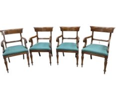 A set of four reproduction Regency style mahogany elbow chairs, width 54cm, depth 50cm, height 92cm