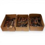 A collection of early 20th century Wood working tools, including morti chisels, marking gauges, a