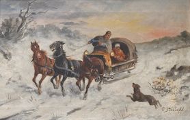 Constantin Stoiloff (Bulgarian, 1850-1924), 'Troika Scene', signed, oil on canvas, 19 x 29cm