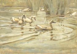 Impressionist school, ducks before reeds, unsigned, G F Hussey, Brighton, label verso inscribed ‘