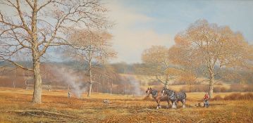 Paul Morgan (British, b.1940), 'Timber Hauling', signed, ex. Stacy Marks, oil on canvas, 50 x 100cm