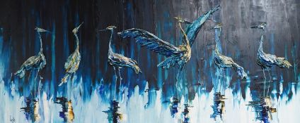 Jean Twede (20th century), Study of Herons, signed, impasto oil on board, 44 x 105cm