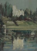 Impressionist school, moated castle, indistinctly signed lower right, oil on board, 38 x 28cm