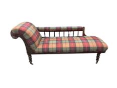 A Victorian mahogany daybed upholstered in tartan wool fabric with six matching cushions, width
