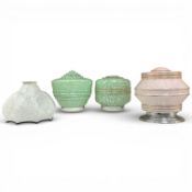 Four Art Deco glass shades to include two marbled green examples with gilt decoration, largest 20cm