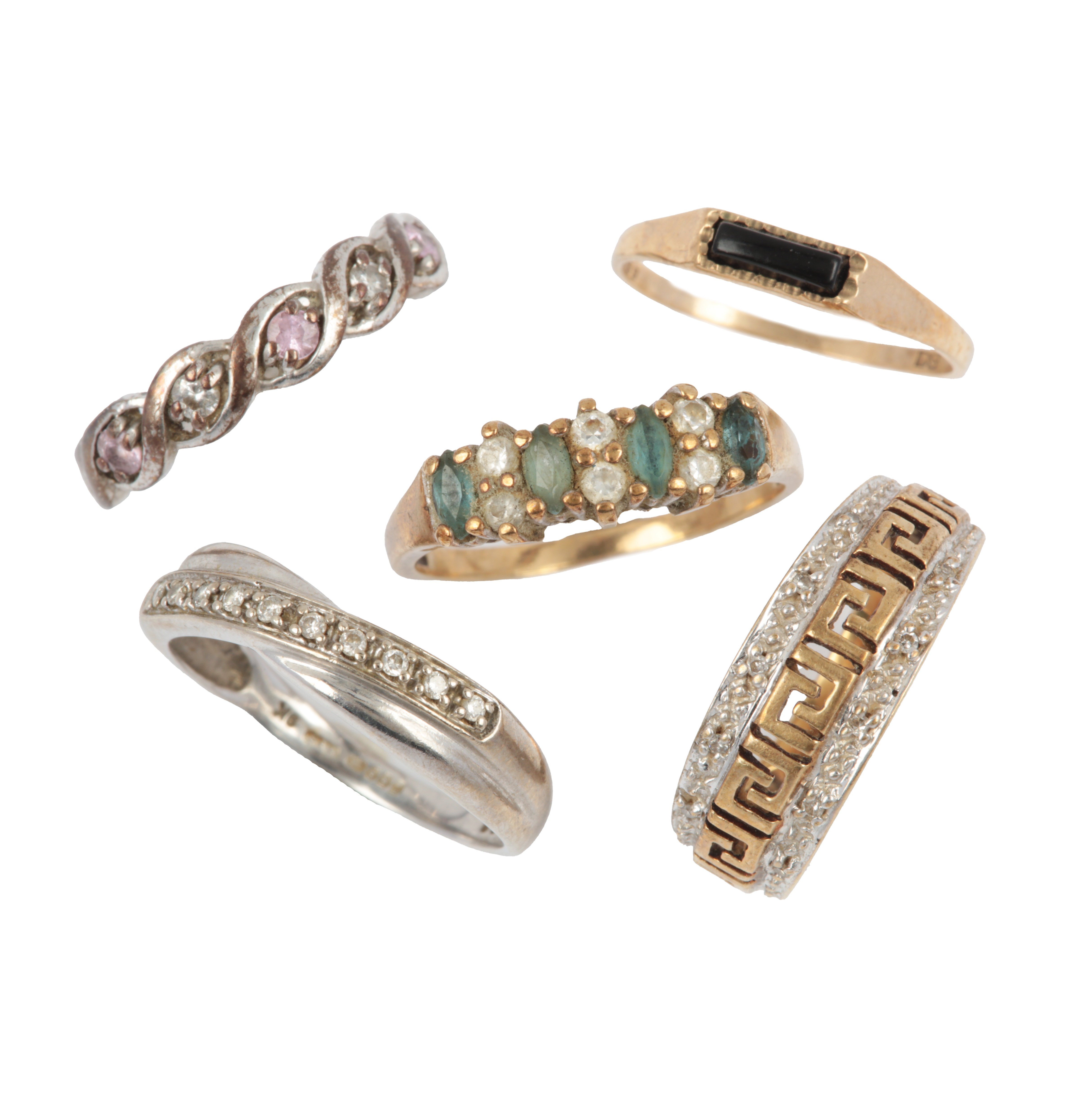 Five Rings Collection A collection of five rings, comprising: a diamond and pink tourmaline ...