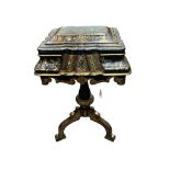 A Victorian black lacquered papier maché work table with mother-of-pearl inlay, width 48cm, depth