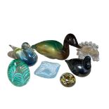 A collection of art glass to include an ArchimedeSeguso duck, a Murano style duck, a horses head