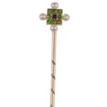 A demantoid garnet, ruby and pearl stick pin, early 20th century, of square outline, set with a
