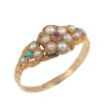 A late Georgian/early Victorian seed pearl, ruby and turquoise ring, mid 19th century, of floral