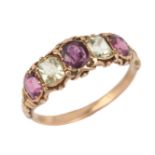 A garnet and chrysoberyl ring, mid 19th century, set with an alternating sequence of cushion-