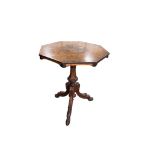 A late 19th century Continental marquetry inlaid octagonal burr walnut tripod table, width 60cm,