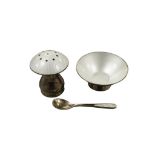 A cased mid 20th century Danish sterling and white enamel two piece condiment set, with spoon by
