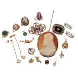 A collection of jewels including charms and shell cameo, comprising: four charms including a hat,