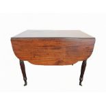 A WILLIAM IV MAHOGANY PEMBROKE TABLE with a single drawer to one end, the flaps with shaped edges,