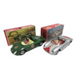 TWO MERCURY DIECAST MODEL RACING CARS circa 1960s, comprising a No.59, Ferrari Silverstone, green,