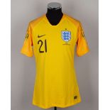 Alex McCarthy yellow and green No.21 England v. Spain short-sleeved shirt, 2018