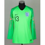 Freddie Woodman green and pink No.13 England v. Ukraine under-21 keeper shirt, 2018