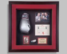 Marvin Hagler, John Stacey and John Conteh autographed grey Ringside boxing glove display