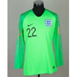 Angus Gunn green and pink No.22 England v. Latvia under-21 keeper shirt, 2018