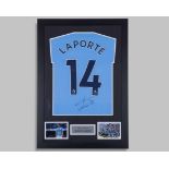 Aymeric Laporte autographed blue No.14 Manchester City replica shirt display, 2019-20