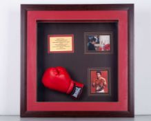 Roberto Duran autographed red Lonsdale boxing glove display