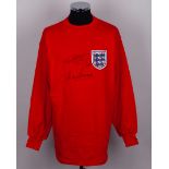 Geoff Hurst and Martin Peters autographed red England replica long-sleeved shirt