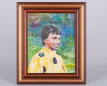 Portrait painting of the jockey Steve Cauthen in the Louis Freedman colours
