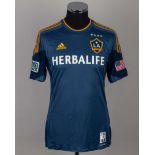 A blue and orange LA Galaxy short-sleeved shirt