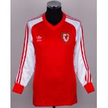Ian Rush red and white No.9 Wales v. England long-sleeved shirt, 1983