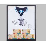 Paul Gascoigne autographed white England shirt and six Euros 1996 tickets display