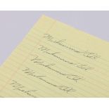 Seven Muhammad Ali autographs on a single sheet of A4 paper