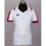 Emlyn Hughes a white, red and blue No.6 England autographed training shirt, 1979