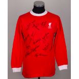 Emlyn Hughes a red and white No.15 Liverpool autographed long-sleeved shirt, late 1960s