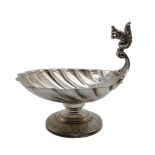 A WMF nut stand, the scallop shell dish with a squirrel on top of the scroll handle, on a stepped