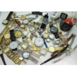 A large collection of fashion watches to include a Balmaster stopwatch, a Westclox pocket watch,