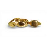 Three 9ct gold rings, wedding ring, size L, signet rings sizes K1/2 and I1/2, Weight combined  7gms.