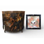 A lot comprising a 20th century Oriental style ebonised demi lune cabinet single door painted with