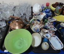 A set of Masons Ironstone jugs, copper tea pot, pan and trivet, ginger jar, duck egg nests etc