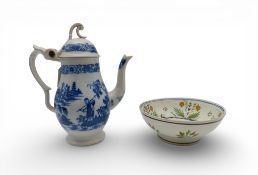 A pearlware coffee pot with hinged lid, and blue and white transfer printed decoration together with