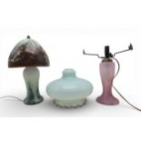 A GLASS MUSHROOM SHAPED LAMP in mottled red and green on a white ground, together with another