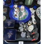 A Royal Crown Derby Puffin, two teddies, an egg on stand, together with Isle of Arran birds,