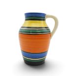 A  CLARICE CLIFF BIZARRE ISIS SHAPE JUG decorated with bands of bright colours, 25cm high