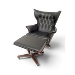 A MID 20TH CENTURY G PLAN "BLOFELD" MODEL 6250 WINGBACK SWIVEL ARMCHAIR AND ACCOMPANYING STOOL