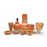 A group of Art Deco Shelley Harmony Dripware, in Orange, Grey and Green Tones (qtty)