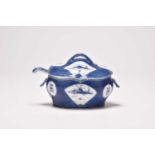 Rare Caughley 'Fan-Panelled Landscape' tureen, cover and a ladle