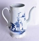18th century Liverpool Chaffers factory coffee pot with two blue and white Chinese style landscapes,
