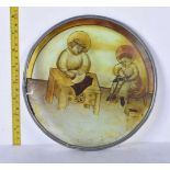 Stained glass plaque depicting Medieval Saints the outer rim marked St, Crispin & St Crispinian,
